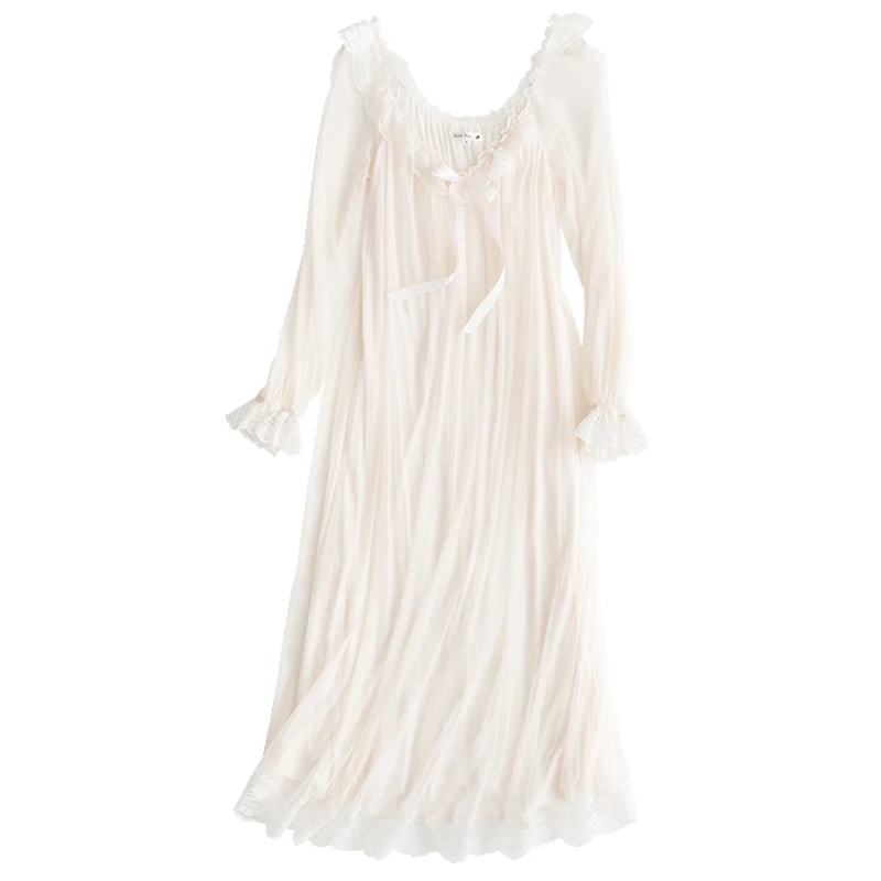 

Princess Nightgown Women summer Long-sleeved Sleepwear Retro Translucent Lace Sress Sexy Ice Silk Nightwear Plus Size