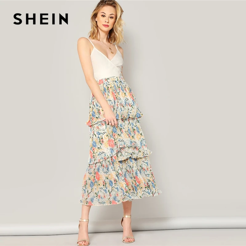 SHEIN Юбка С Оборками И Цветочным Принтом, Летняя Юбка С Эластичной Талией
