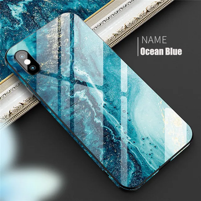 Ocean Blue Роскошный чехол из мраморного стекла для iPhone X XS MAX XR XS стеклянный силиконовый чехол для телефона для iPhone 7 8 Plus чехол s для iPhone 6 S 6s - Цвет: Ocean Blue