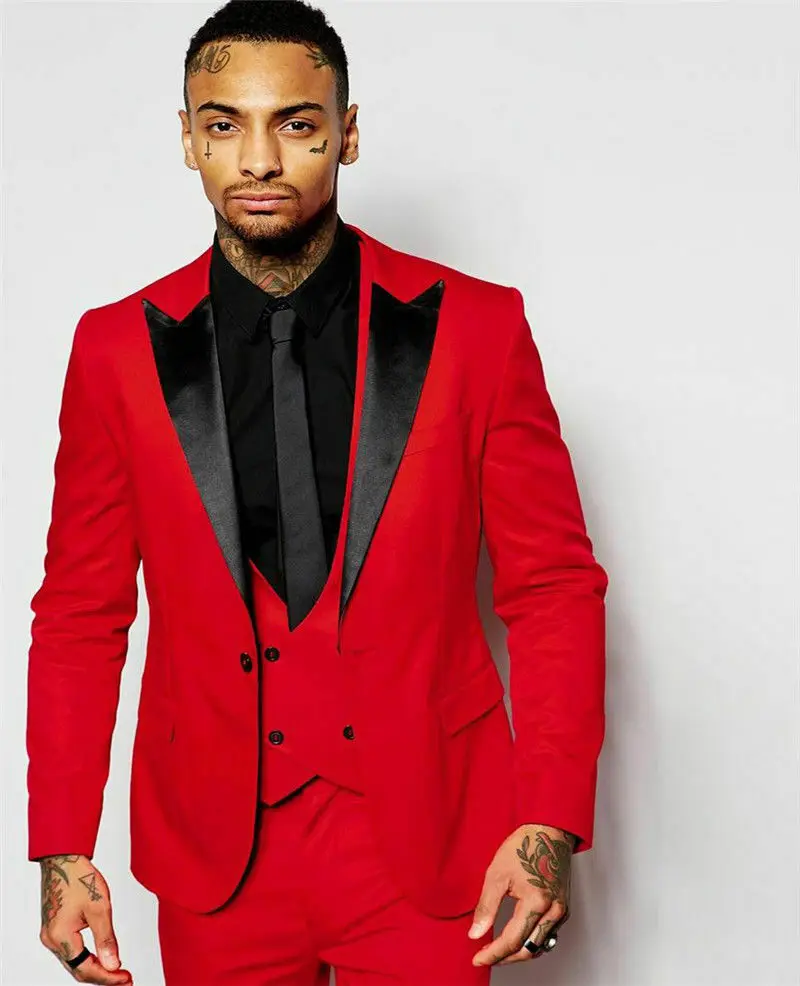 

Red Formal Groom Tuxedo Prom Party 3 Piece Black Lapel Slim Men's Wedding Suits