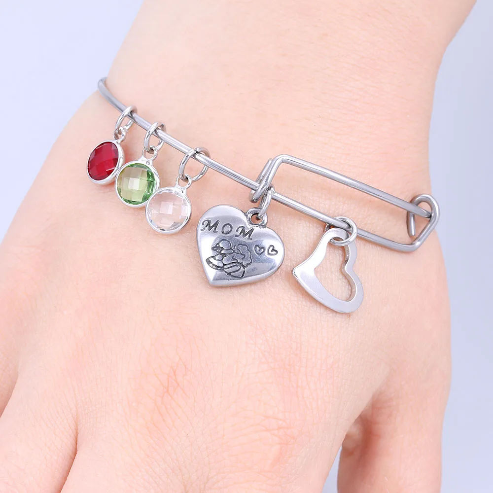 

Trendy Stainless Steel Heart Expandable Wire Bracelets Bangle For Women Birthstone Charm Bracelet Jewelry Christmas Mum Gifts