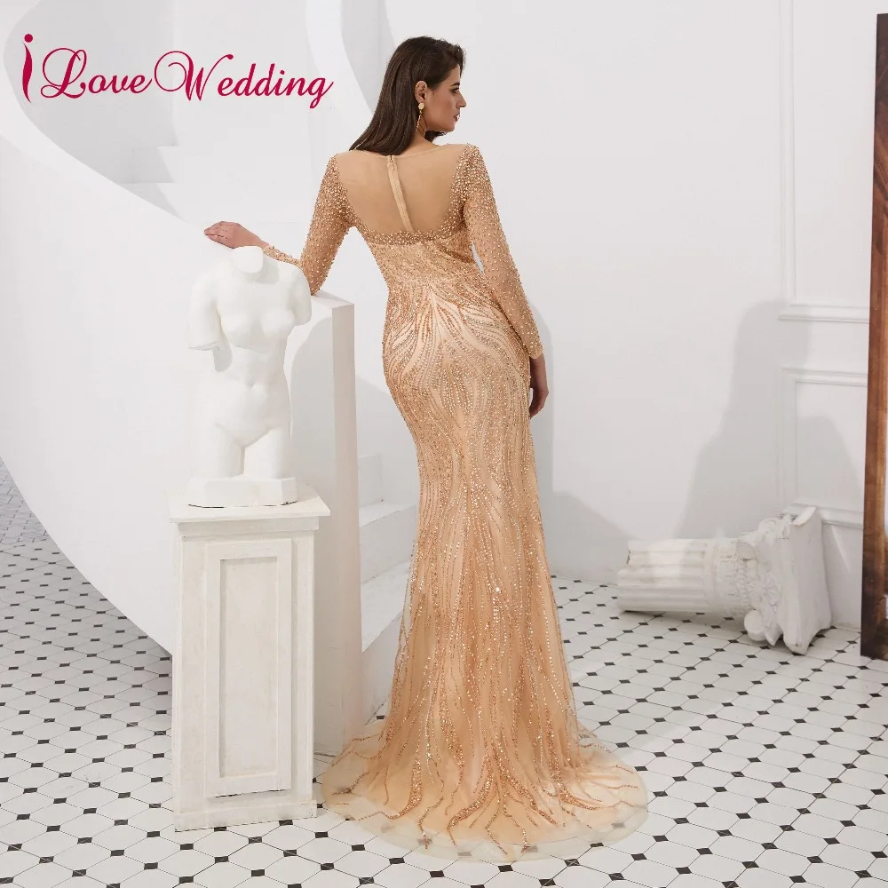 ILoveWedding, роскошное вечернее платье, прозрачное, с хрустальным бисером, с длинным рукавом, на заказ, серое, длинное, официальное, вечернее платье, настоящая фотография