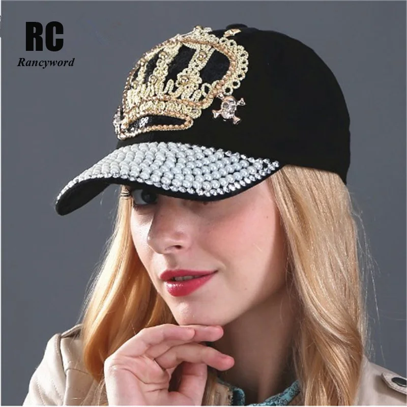 

[Rancyword] Women Denim snapback Hat Lady jean hat Point drill pearl cowboy hat rhinestone crystal crown Hat casquette RC1060