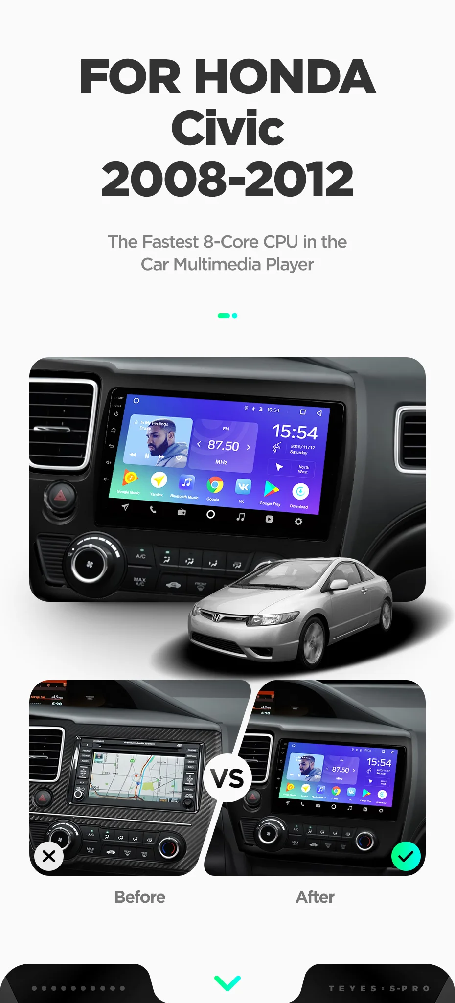 TEYES SPRO Штатная магнитола для Хонда Цивик Honda Civic 2008 2010 2011 2012 2013 Android 8.1, до 8-ЯДЕР, до 4+ 64ГБ 32EQ+ DSP 2DIN автомагнитола 2 DIN DVD GPS мультимедиа автомобиля головное устройство