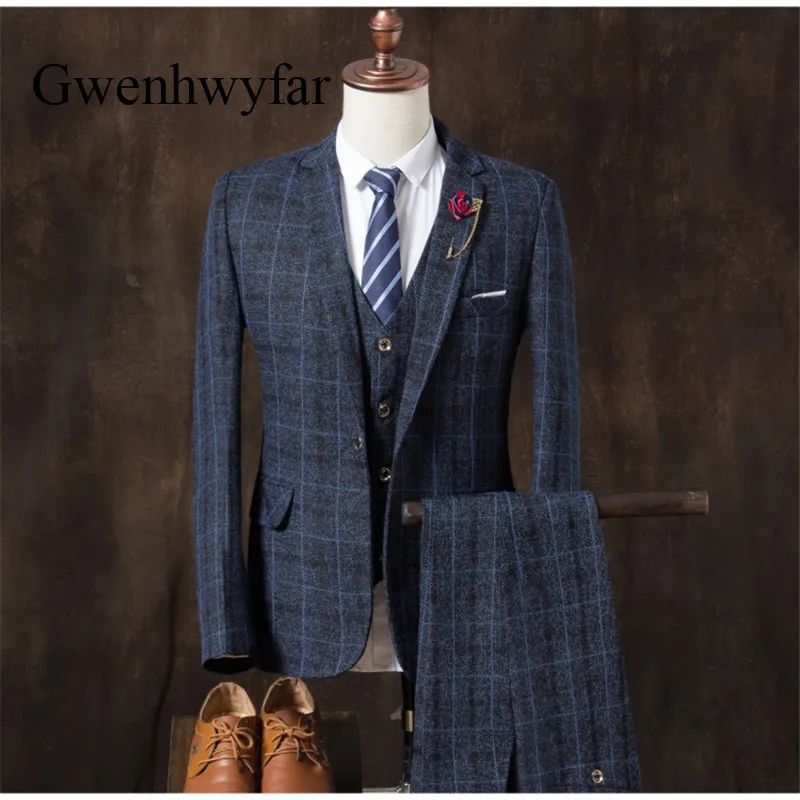 Gwenhwyfar Morning Style осенне зимние мужские костюмы твидовое мужское деловое темно синее