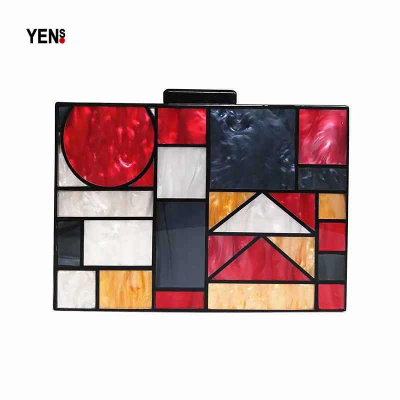 

Brand Fashion Acrylic Bag Women Evening Bags Luxury Plaid Patchwork Handbags Panelled Geometric Party Prom Casual Vintage Clutch