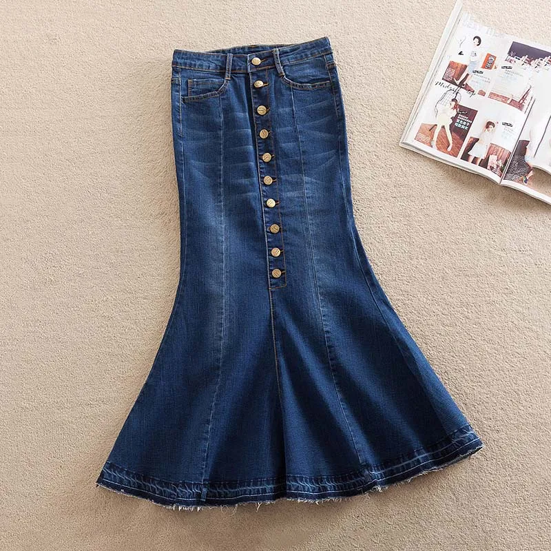 Schinteon Flare Women Denim Trumpet Mermaid Skirt Spring Autumn Jeans Bodycon Ankle Long Skirts Button | Женская одежда