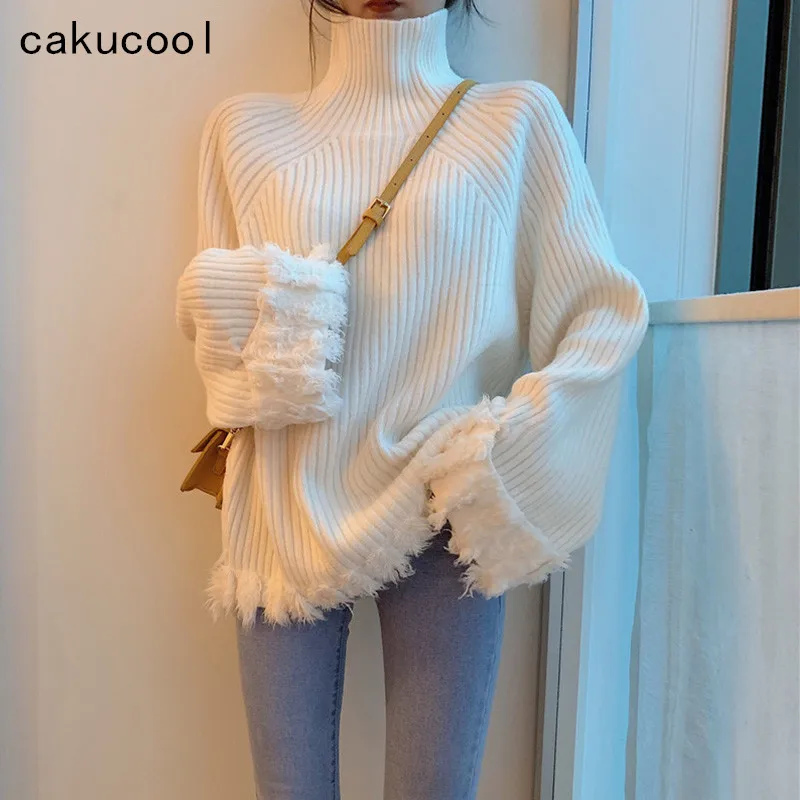Cakucool, новинка, белый свитер, женский, зимний, водолазка, уплотненный, вязаный, пуловер, топ, черный, корейский, свободный, базовый, джемпер, свитера, Femme