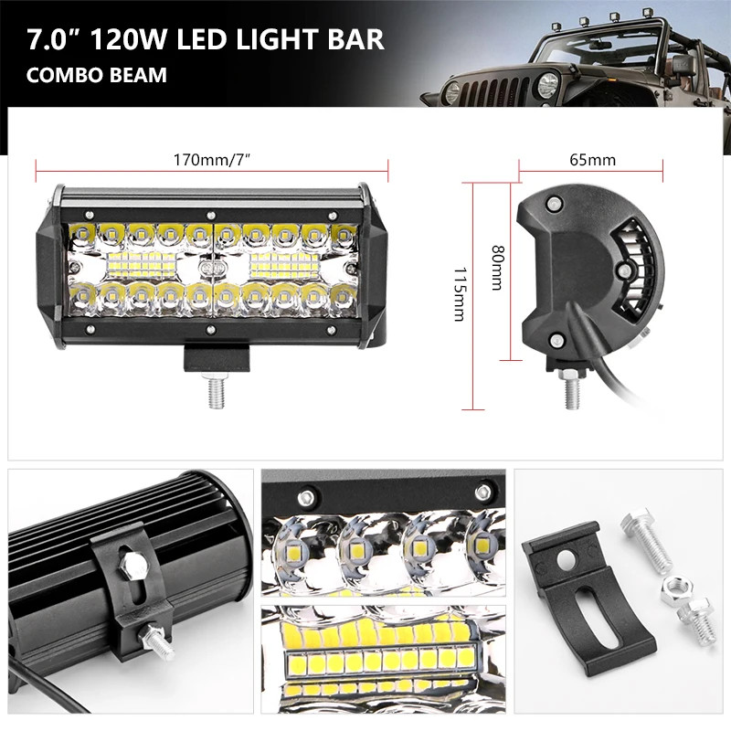 Jansite 7&quot LED Light Bar Work 120W IP67 Wide Range Combo Beam Triple Row auxiliary lamp for Offroad/special vehicle SUV | Автомобили и