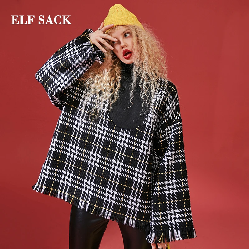 ELFSACK новинка шикарные шерстяные куртки в клетку с широкой талией повседневные