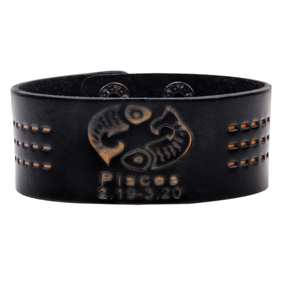 Pisces Kirykle 12 Знак Созвездие зодиака коричневый широкий кожаный браслет с раком Leo Virgo Libra женские ювелирные изделия панк мужской браслет - Окраска металла: Pisces