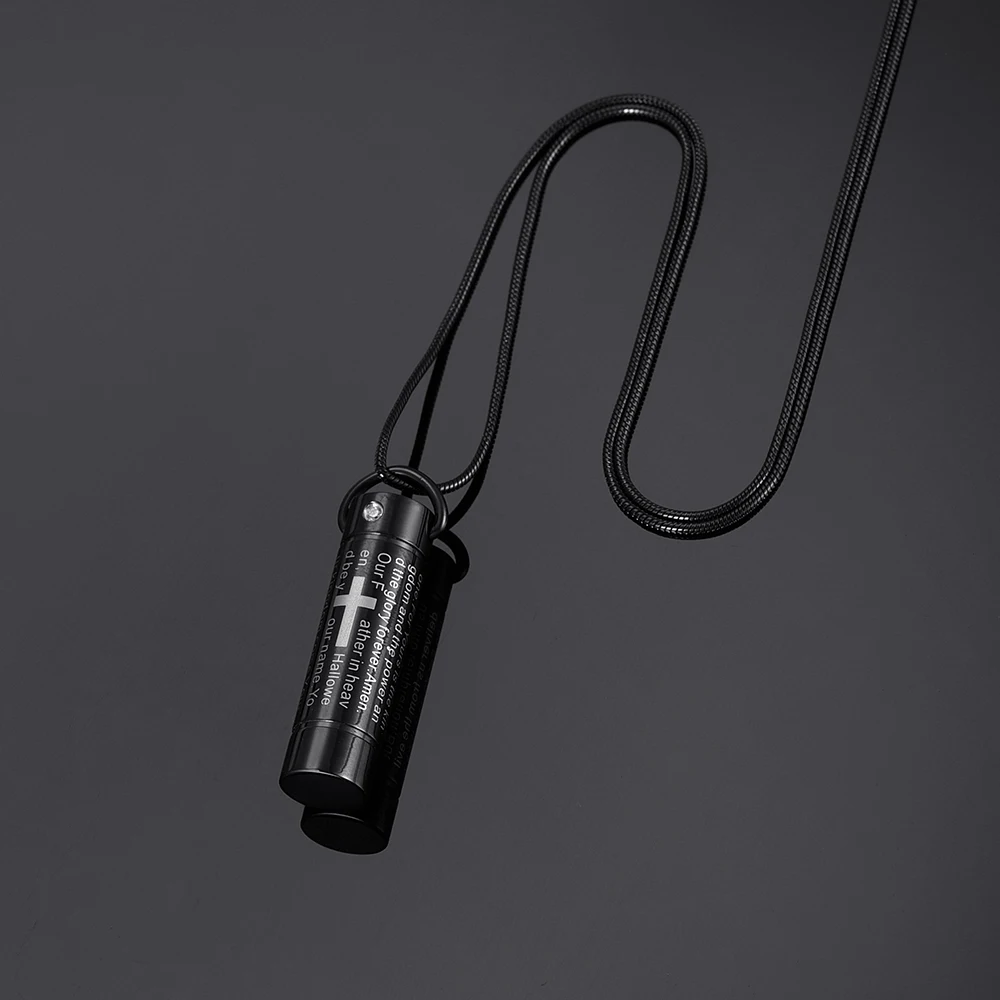 

XWJ2207 Free Funnel!!! Classic Black Tube for Ashes Holder Keepsake Engraving White Cross and the Bible Men's Cool Necklace Urn