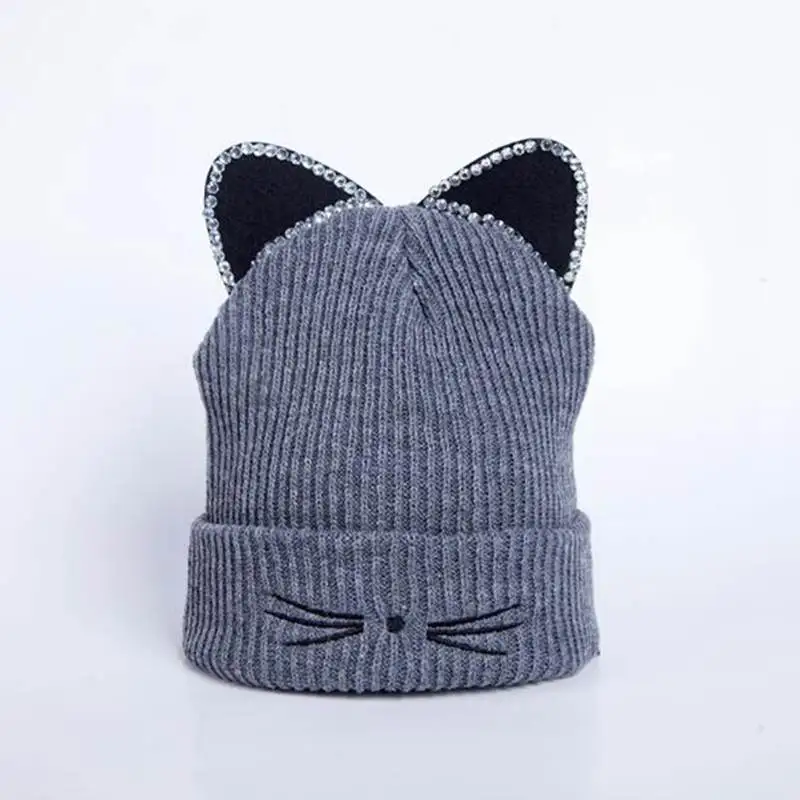 gray ears Для женщин шапка вязаные шапочки со стразами кошачьими ушками сексуальные шапки вязаный крючком шерсть в полоску кепки обувь для девочек повседне - Цвет: gray ears