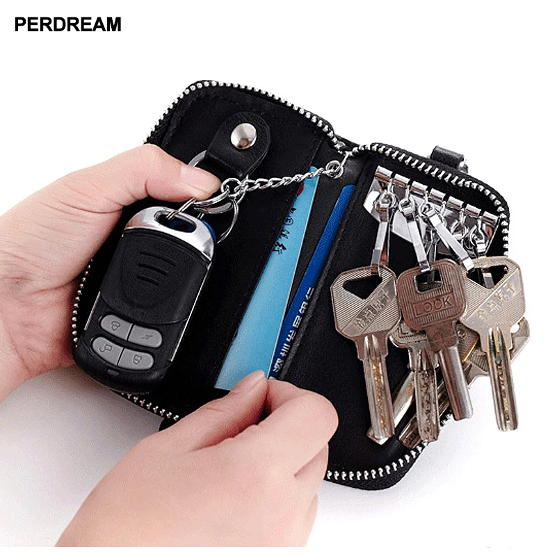 PERDREAM мужские кошельки из натуральной кожи для ключей короткий квадратный держатель для карт из воловьей кожи на молнии многофункциональный автомобильный брелок кошелек