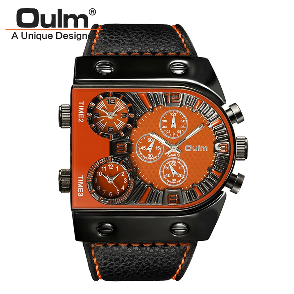 

2018 Fashion Designer Brand OULM Original 3 Time Zone Leather Large Dial Sports Style Watches Men Montre Homme de Marque Grosse