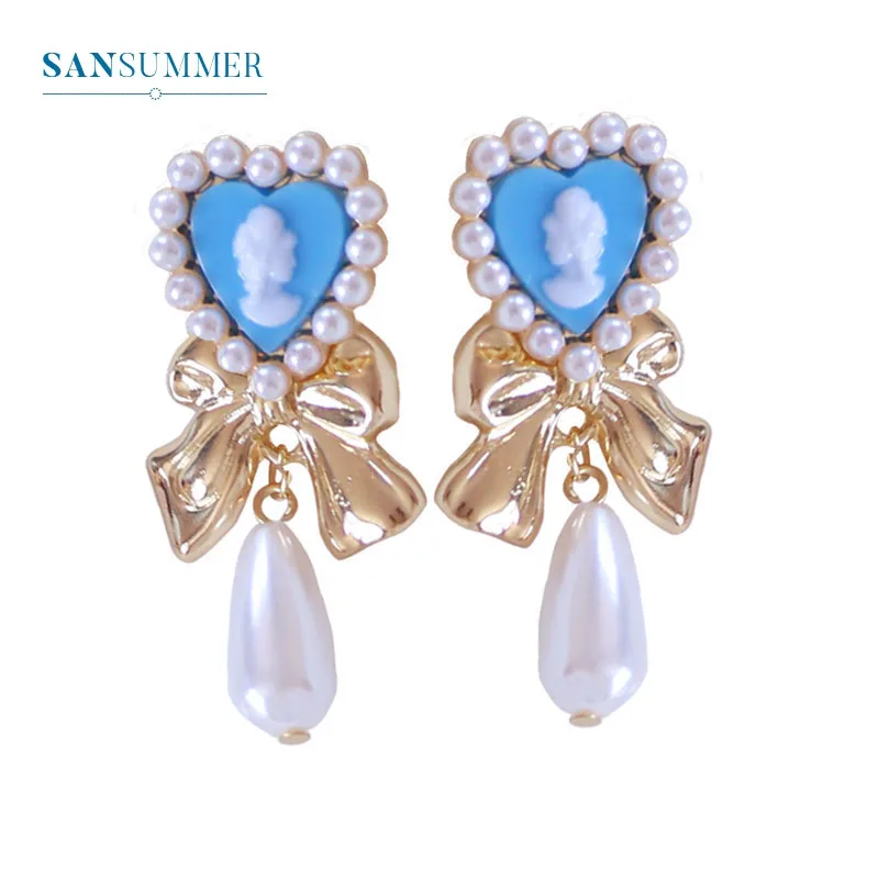Sansummer, новинка,, модные, Голубые Сердца, Золотой бант, капля воды, подвеска, жемчуг, Ретро стиль, вечерние, принцесса, серьги для женщин, ювелирное изделие - Окраска металла: 776
