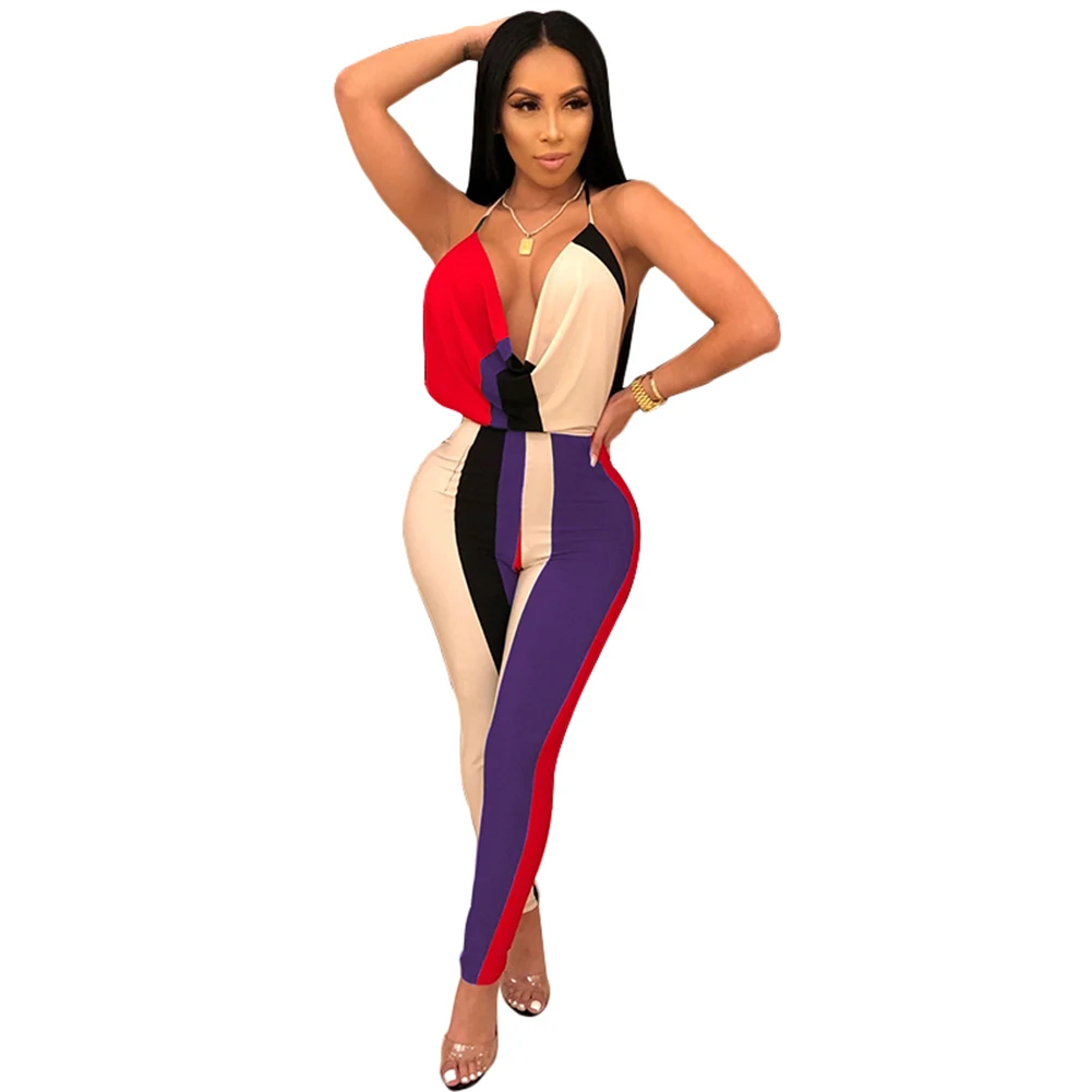 Sexy Women Summer V Neck Bodycon Backless Jumpsuit Patchwork Casual Clubwear | Женская одежда