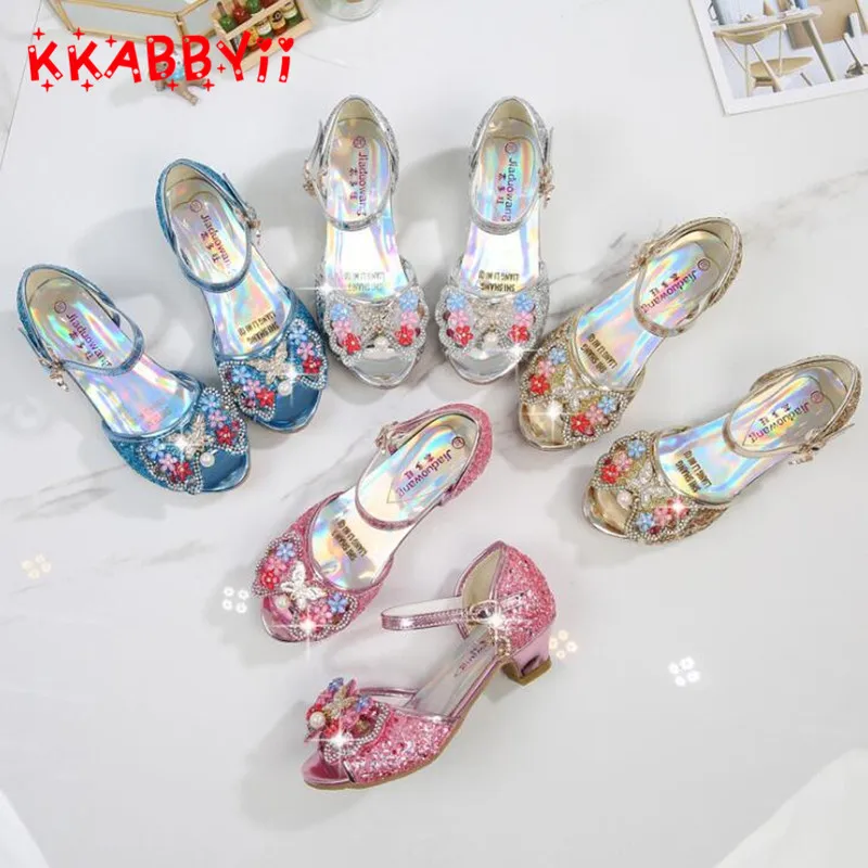 Princess Girls Shoes Sandals Rhinestone Butterfly Children Bowtie Hight Heels Slip on Party Dance | Детская одежда и обувь