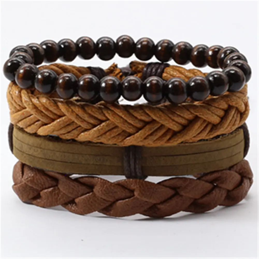 Тканый кожаный браслет цвета хаки 4 шт./компл. с деревянными бусинами в стиле