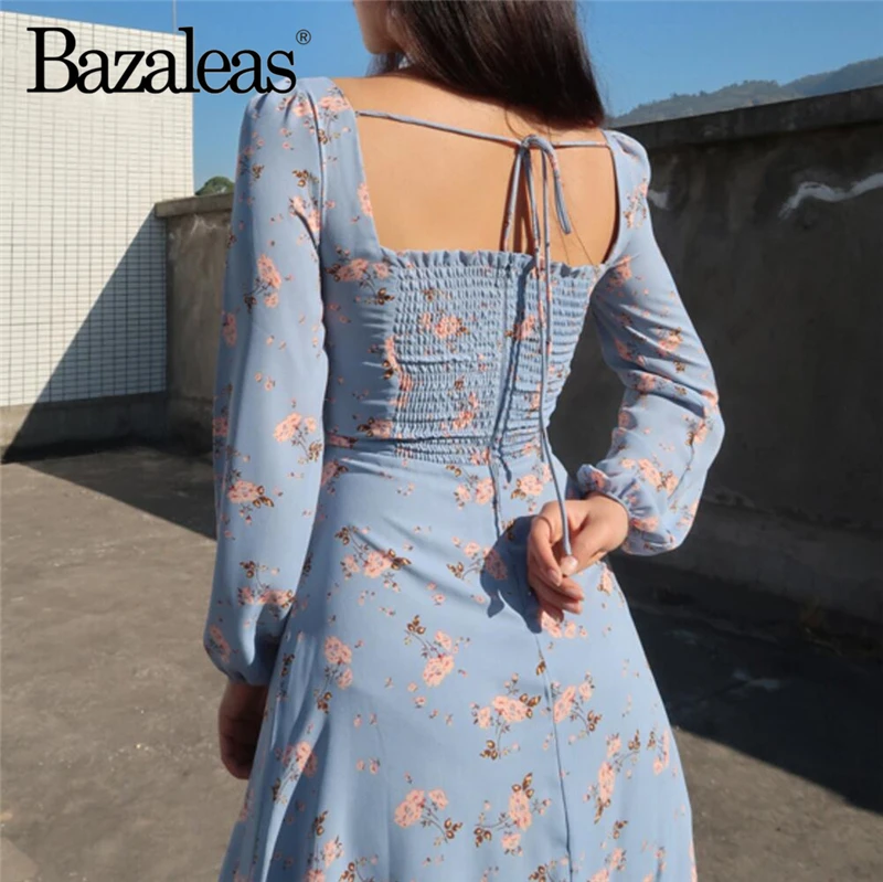 Женское платье с открытой спиной Bazaleas 2019 модные платья поясом и галстуком синие