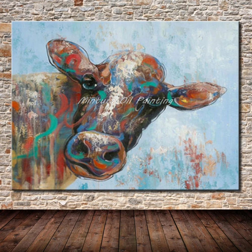 

Mintura Art Hand Painted Cow Animal Oil Painting On Canvas Pop Art Modern Abstract Wall Art Picture For Wall Decoration No Frame