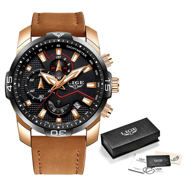 Rose gold all black Новинка, мужские часы LIGE s, Топ бренд, роскошные мужские повседневные кожаные кварцевые часы, мужские спортивные водонепроницаемые часы, Relogio Masculino - Цвет: Rose gold all black