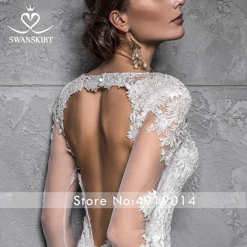 Swanskirt, винтажное свадебное платье русалки с круглым вырезом и длинным рукавом,, съемный шлейф, открытая спина, атласное платье невесты, Robe De Mariage Z121