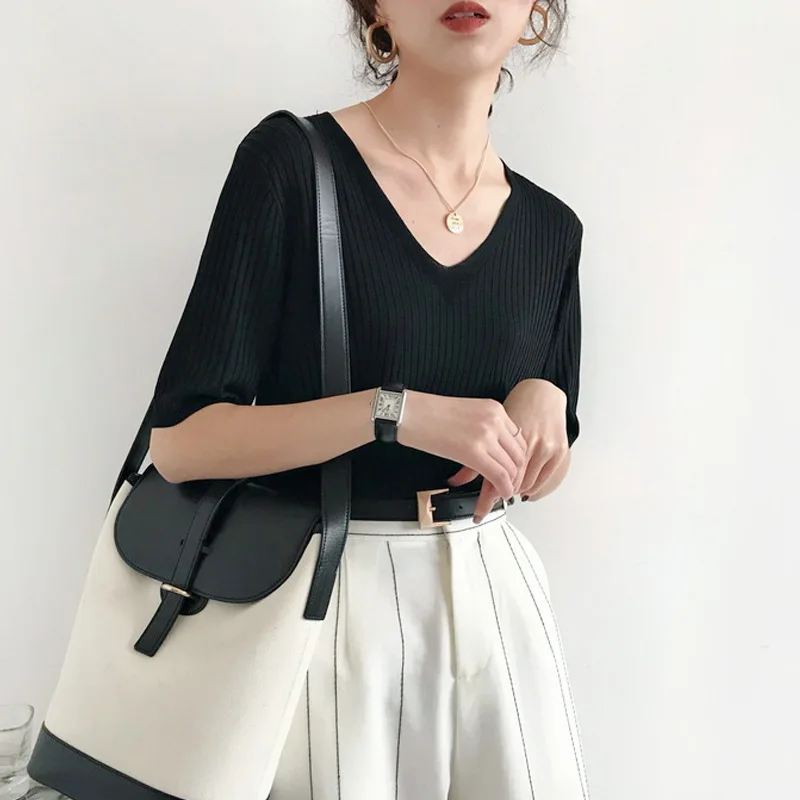 Новинка 2020 женские рубашки трикотажные летние женская одежда с V образным