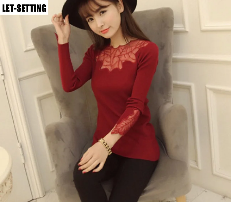 Кашемировый пикантный пуловер с кружевной вставкой и глубоким вырезом Модный