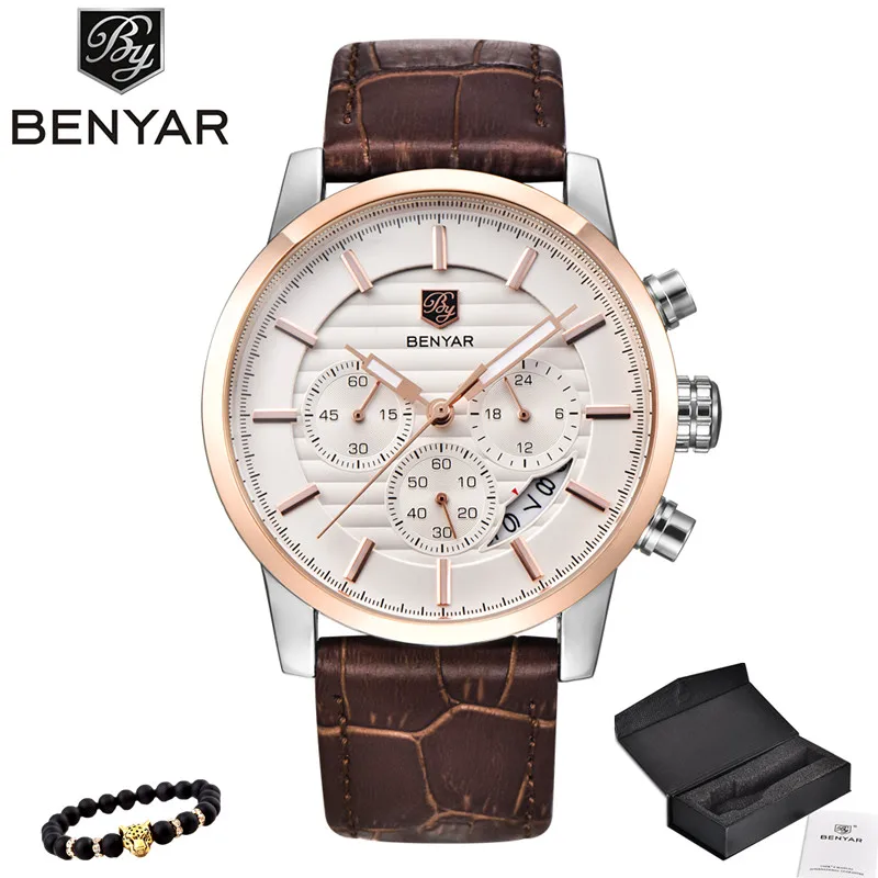 5104-Brown white BENYAR Повседневное модные Хронограф Спортивные Для мужчин часы лучший бренд класса люкс военные кварцевые наручные часы Relogio Masculino - Цвет: 5104-Brown white