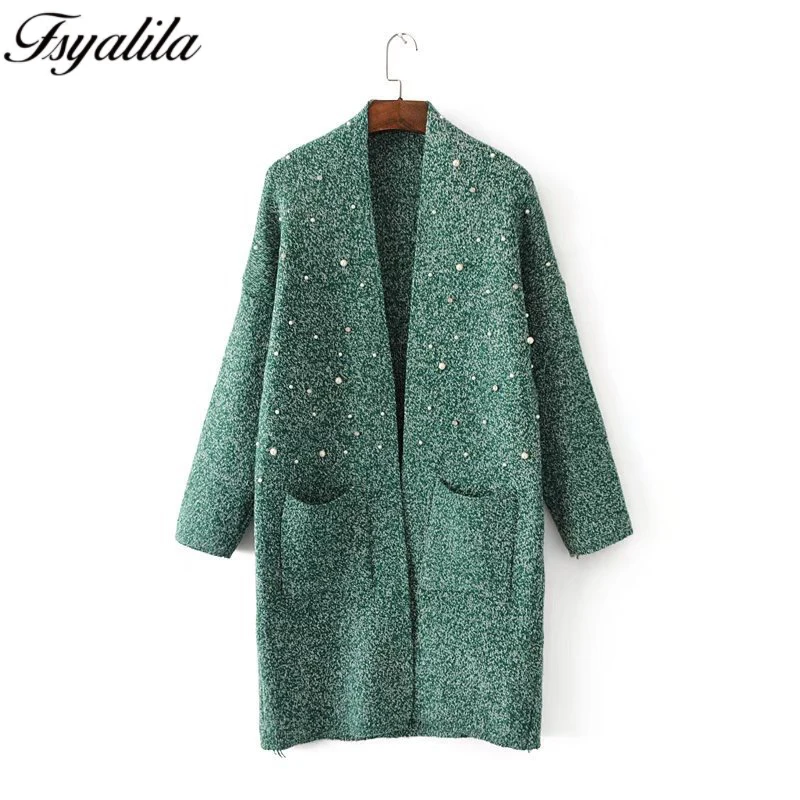Beading Cardigan Women Knitted Sweater Warm Winter Tops Long Sleeve Casual Female Coat Kimono Loose Open Stitch New |
