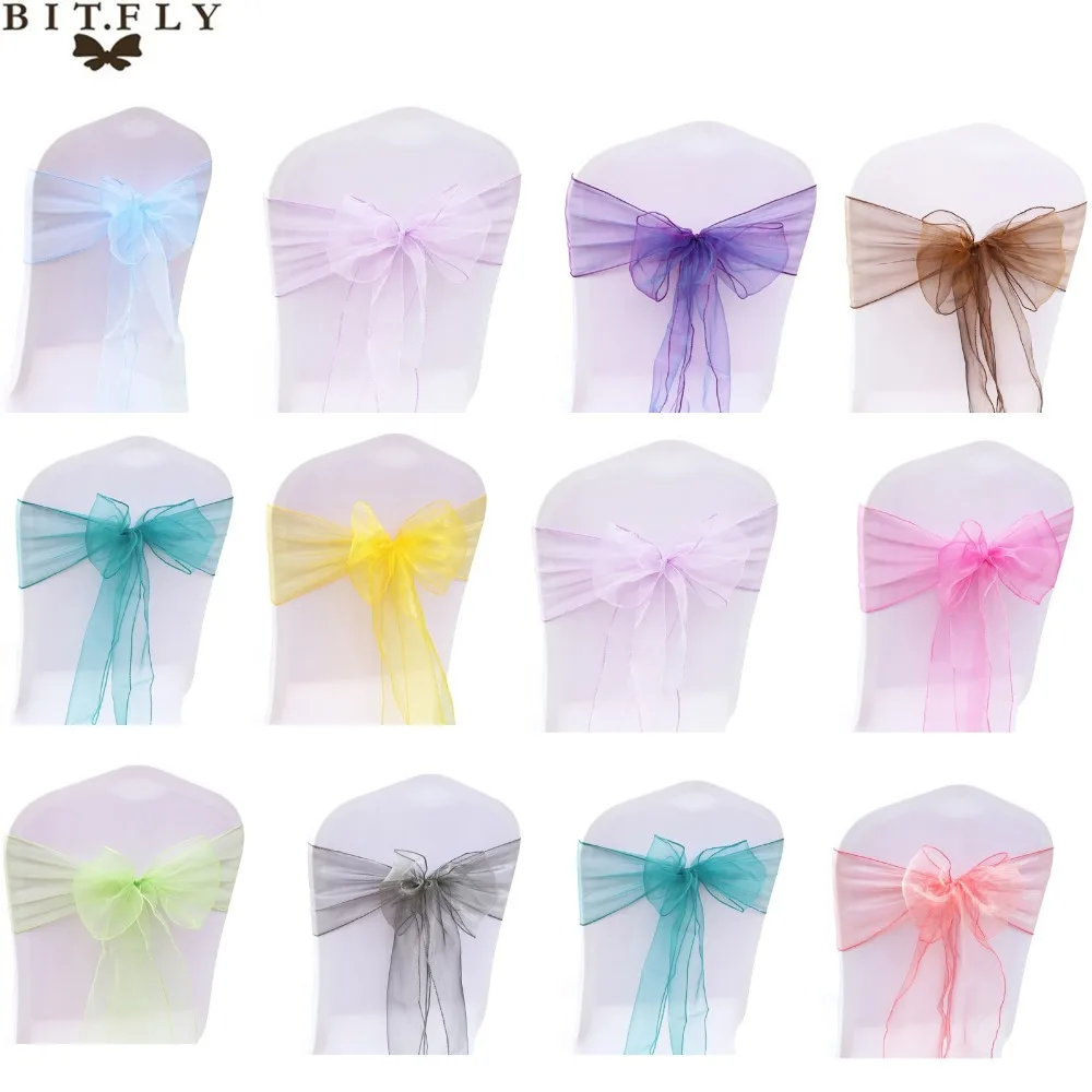 

BIT.FLY 25pcs/Set Sheer Organza Tull Fabric Chair Cover Sash Bow Sashes Wedding Party Banquet Decoration 20 Colors Free Shipping