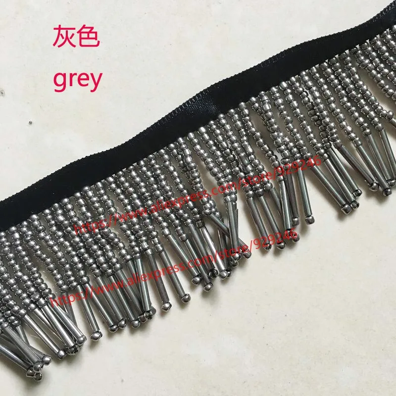 

1 yard/lot bohemian grey beads lace for dress decoration grey beaded lace for garments tassel fringe lace for dancing costume