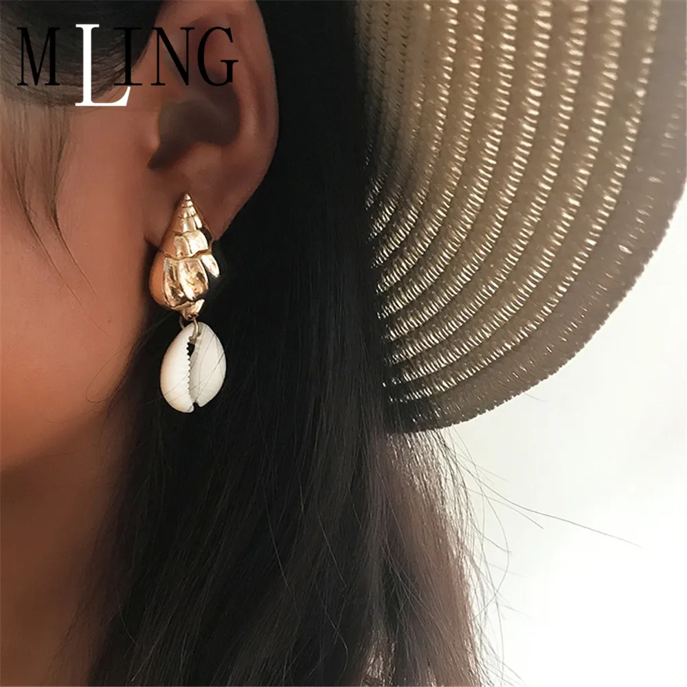 Женские богемные серьги подвески MLING золотые в форме раковины|Серьги-подвески| |