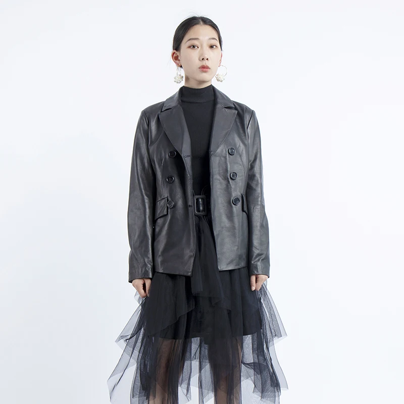 Женская двубортная куртка из натуральной овечьей кожи деловой костюм новинка