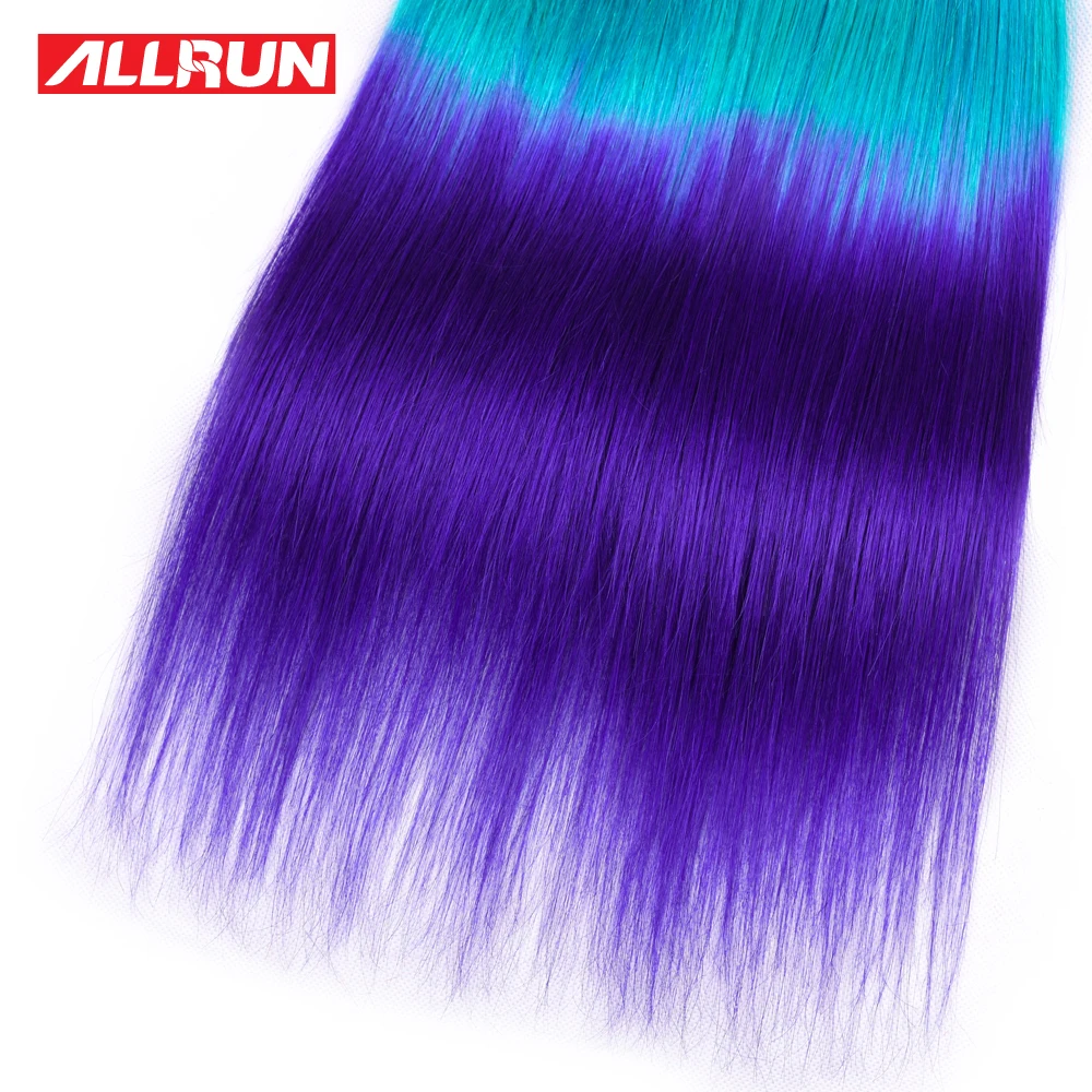 Allrun предварительно цветные бразильские прямые волосы с закрытием 4*4 Remy Ombre T1B/зеленый/фиолетовый человеческие волосы пучки с кружевом
