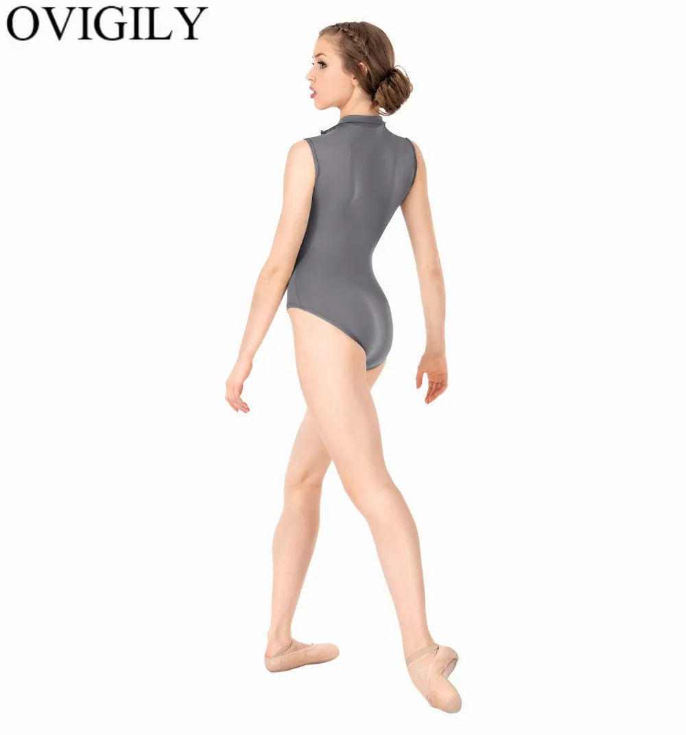 Женский гимнастический трико OVIGILY серый купальник из лайкры с молнией спереди и