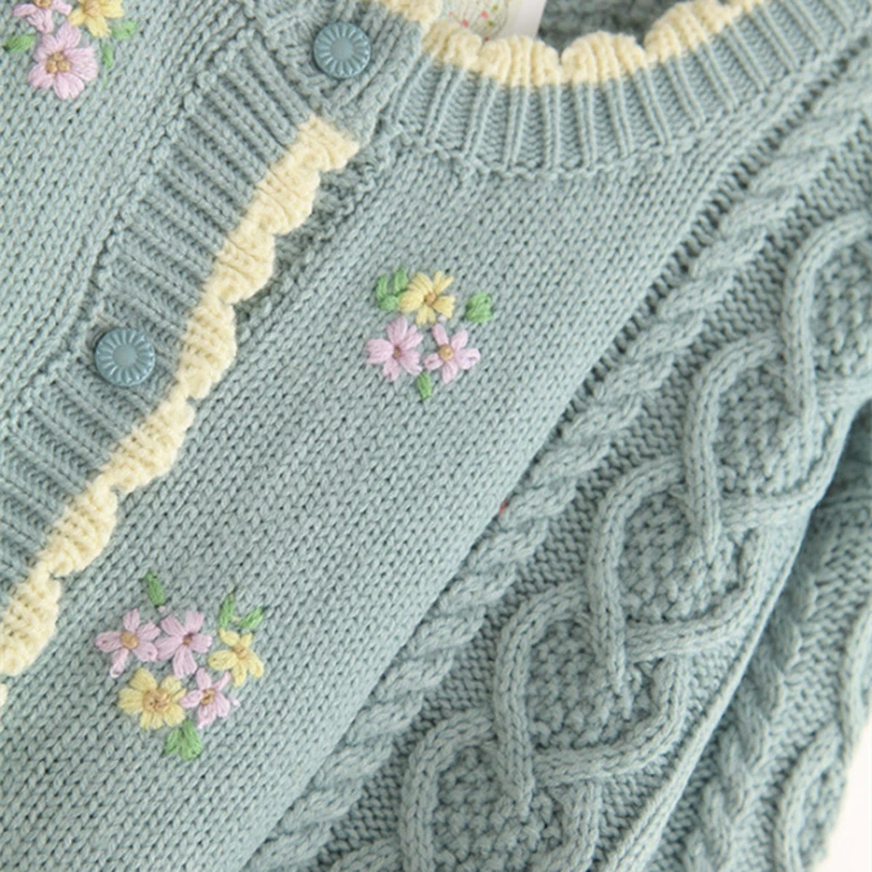 Japanese Mori Girl Embroidered Floral Winter Knitted Cardigan Sweater PINK/WHITE/BLUE |
