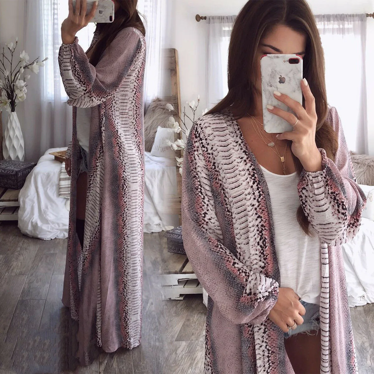 2019 Newest Womens Long Sleeve Snake Chiffon Cardigan Boho Outwear Jacket Coat Tops Gown | Женская одежда