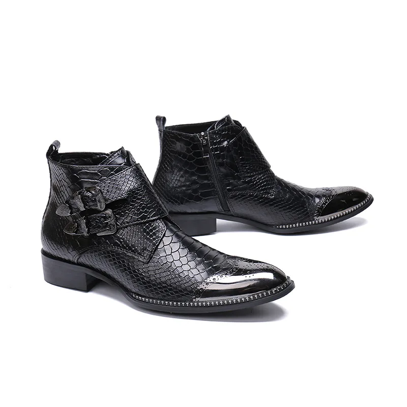 

British Leather Men's Ankle Boots Black Plus Velvet Pointed Buckle Nightclub Wind Evening Wedding Shoes Model Catwalk Shoes