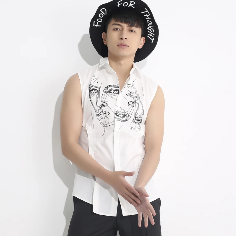 Летняя мода печать рубашка без рукавов мужская Тонкая Корейская волосяная