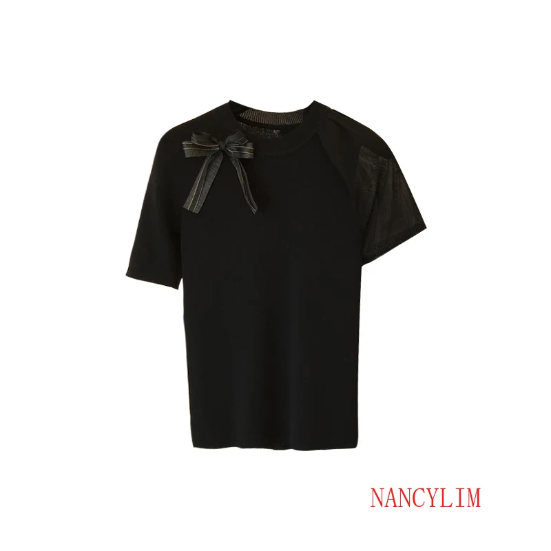 

Mesh Stitching Thin Short Sleeve Knitted T-shirt for Women Summer Slim Black Knit Shirt Ladies Sexy Bow Tie T-shirts Student Top