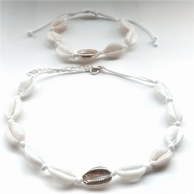 white rope silve set Модное золотое ожерелье-чокер в виде раковины каури для женщин и девушек, богемное пляжное летнее ювелирное изделие в подарок - Окраска металла: white rope silve set