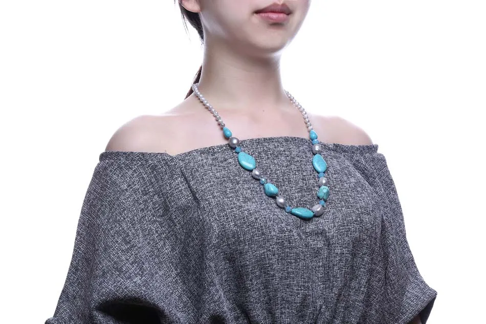 New Arrived Natural Blue Stone Baroque Shape Freshwater Pearl Long Jewelry With Rhinestone Clasp Bead Strand Necklace | Украшения и