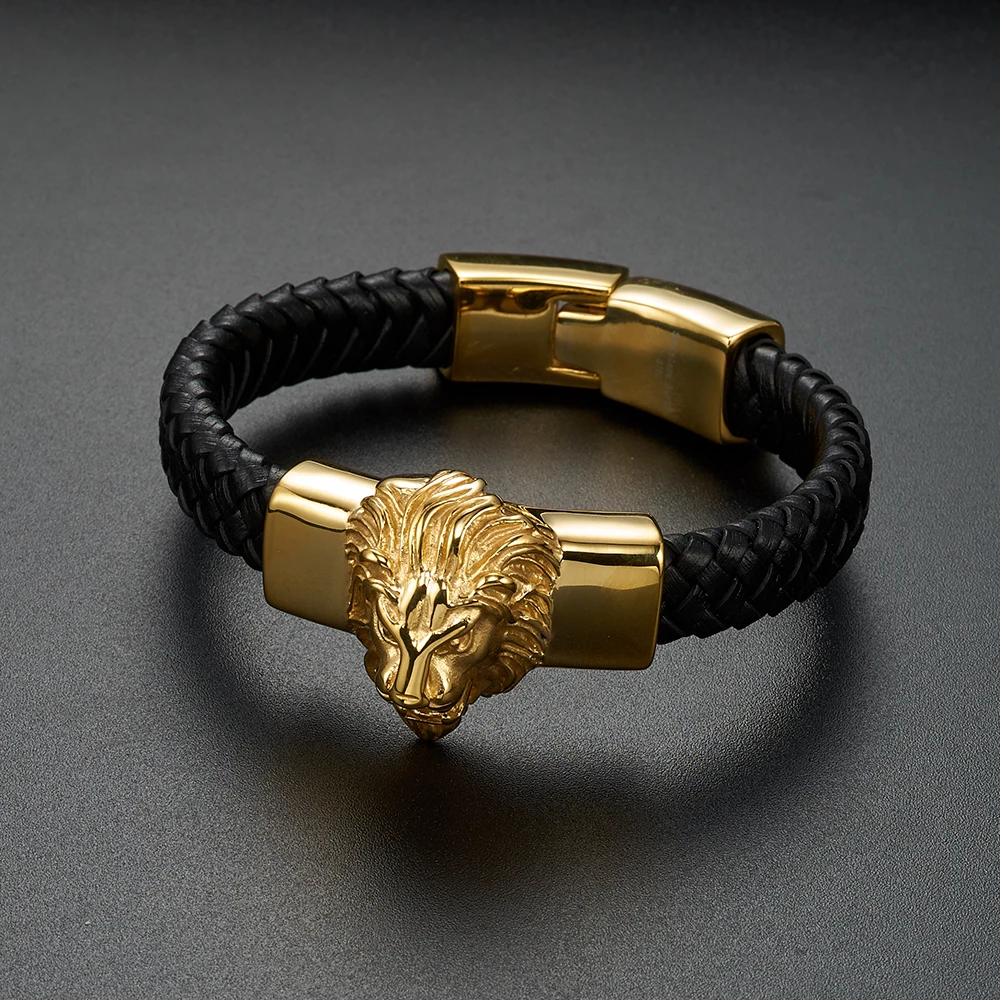 Новая мода Fine Jewelry Для мужчин большой черный кожа Нержавеющая сталь Винтаж Серебряный/Золотой Лев Браслеты мужских аксессуаров