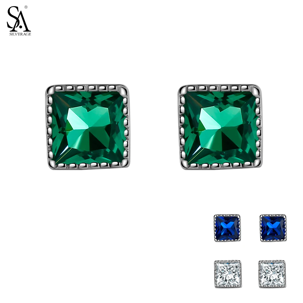 SA SILVERAGE 925 стерлингового серебра серьги стержня для Для женщин Fine Jewelry зеленый