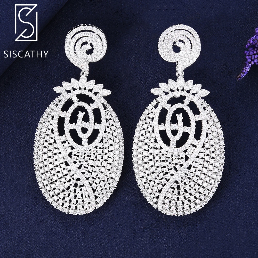 

Siscathy 33*67mm Luxury Women Geometric CZ Hollow Dangle Drop Earrings Inlaid Nigerian African Bride Wedding Earrings Jewelry