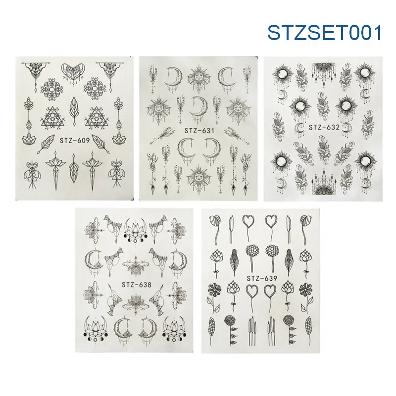 STZSET001 5 шт драгоценный камень наклейки для ногтей s наклейки Черная кружевная наклейка с цветком для ногтей DIY французский дизайн ногтей украшения клей Фольга Наклейка - Цвет: STZSET001