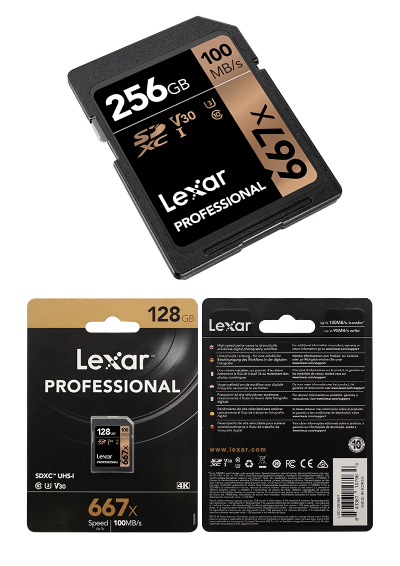 Lexar 667x SD, карта памяти, 64 ГБ 128 256 SDXC Class10 UHS-I U3 V30 100 МБ/с. флеш-карта для Full HD Камера