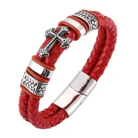 newest red double braided leather cross bracelet men jewelry trendy stainless steel magnetic clasp bangles punk wristband sp0099